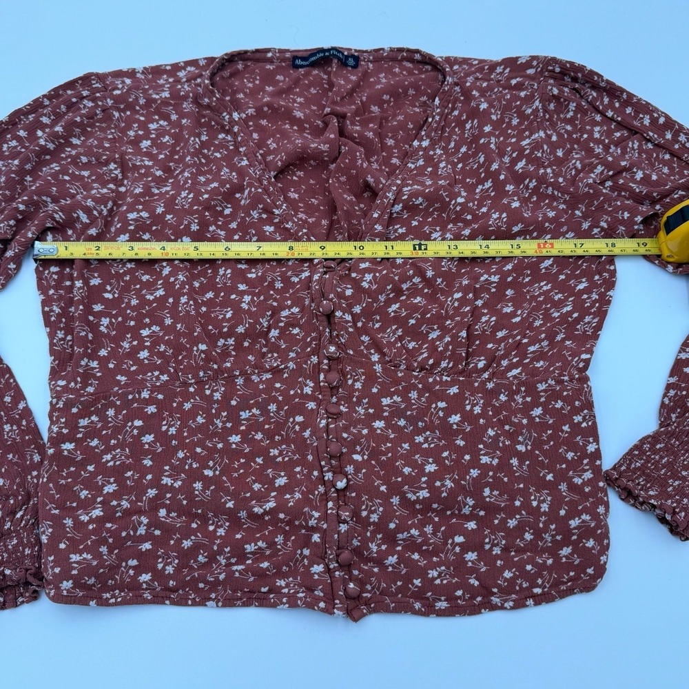 Abercrombie & Fitch Blouse XL Floral Button Front Peplum Rust Red Boho Crepe - Picture 5 of 6